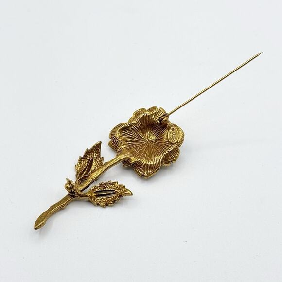 Goldette Antiqued Gold Tone Metal Rose Flower Rhinestone Pin Brooch Estate - Picture 5 of 7